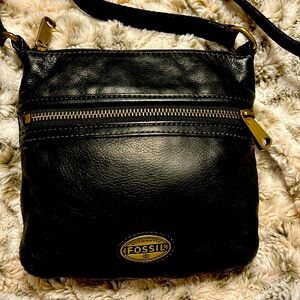 Small Fossil Black Leather Crossbody